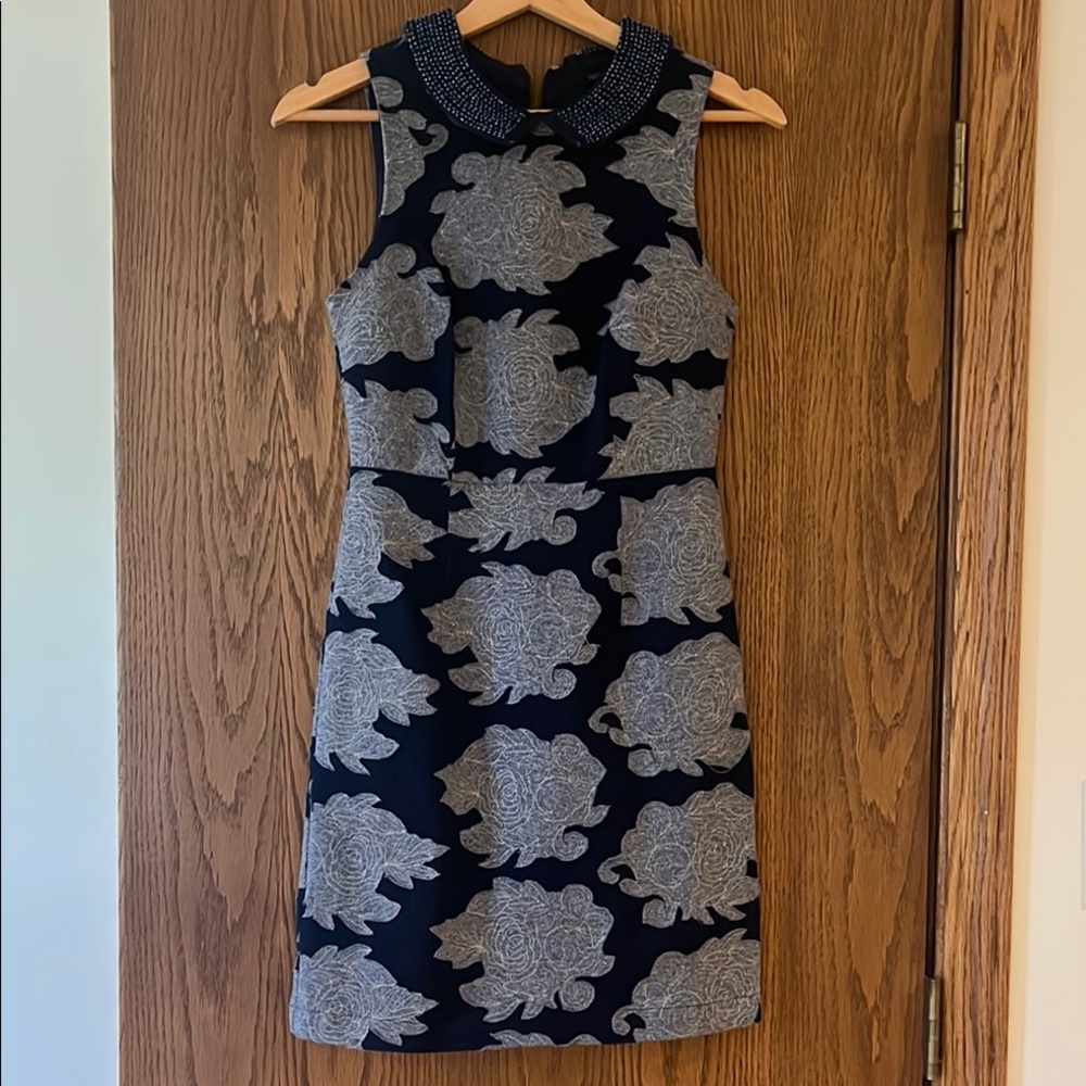 Anthropologie Elegant Navy and Navy-Gray beaded and appliqué Sleeveless Dress